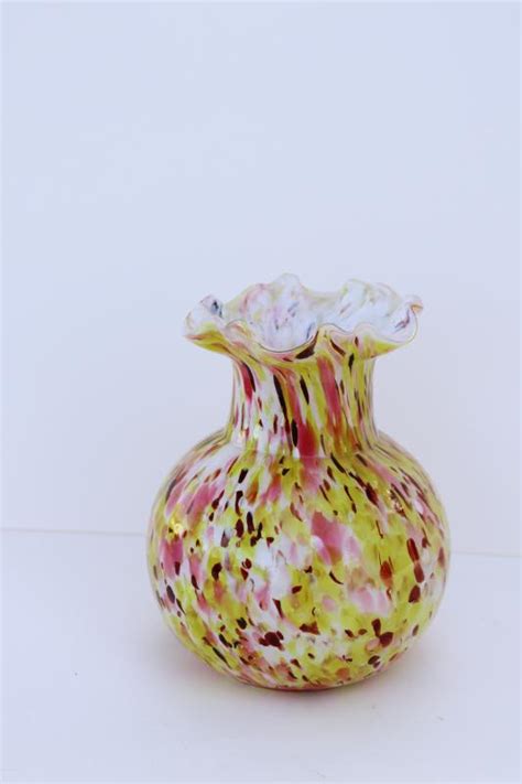 Vintage Hand Blown Splatter Glass Vase Confetti Pink And Yellow White Cased Glass