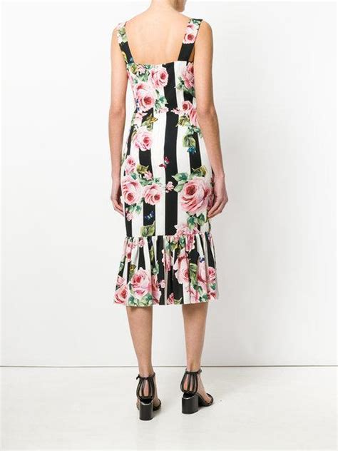 Dolce And Gabbana Stripe Rose Print Stretch Silk Dress In