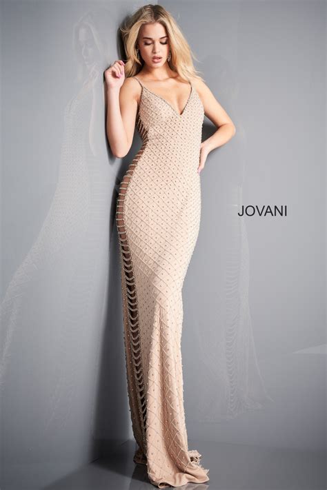 Jovani Nude Silver Open Sides Sheath Prom Dress
