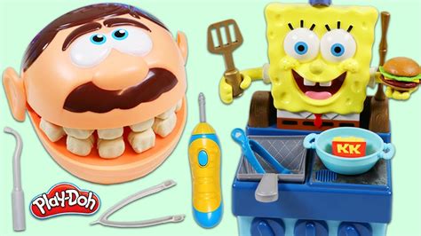 Feeding Mr Play Doh Head With Spongebob Squarepants Krabby Patty Grill