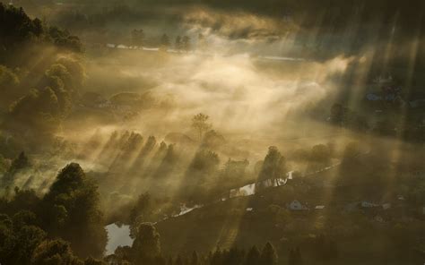 1920x1200 Forest Mist Sunrise Trees Field River Sun Rays Fall Aerial