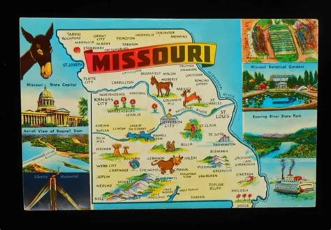 1950s State Map Of Missouri Landmarks Icons Stadium Mule Riverboat Mo