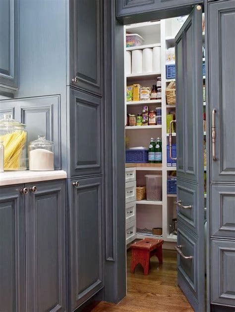 Food pantries only provide food. A small walk-in pantry with gray doors matching the ...
