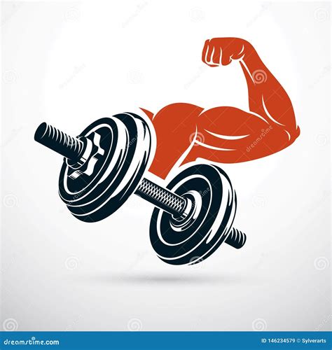 Vector Illustration Of Strong Man Biceps Arm And Dumbbell Weight Lifting Gym Symbol Stock