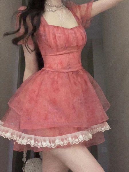 Kukombo Pink Floral Short Party Dress Sexy Lace Puff Fairy Kawaii