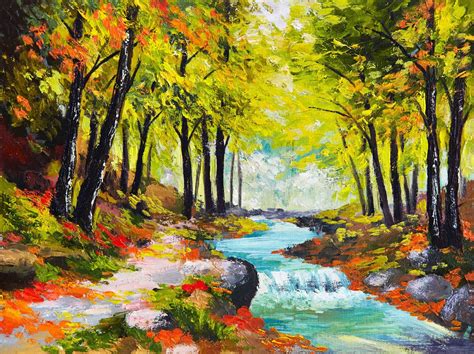 Art Painting Pattern Seasons River Autumn Forest Colored