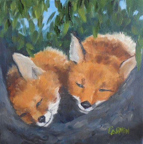 Carmen Beecher Little Foxes 6x6 Original Oil Painting On Stretched