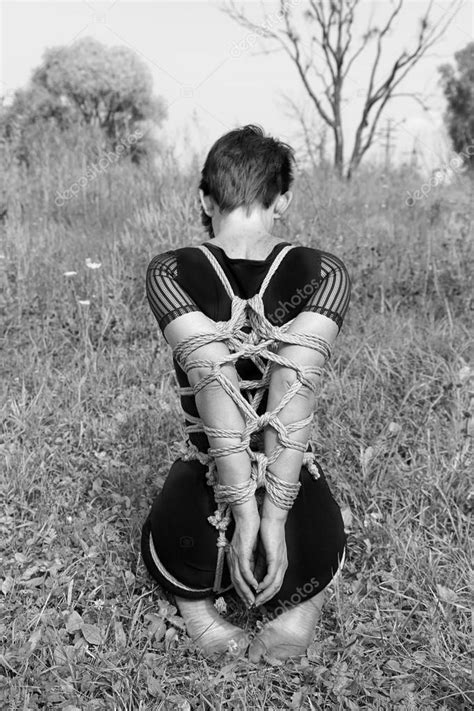 Bound Woman Kneeling Black And White Photo Shibari Stock Photo
