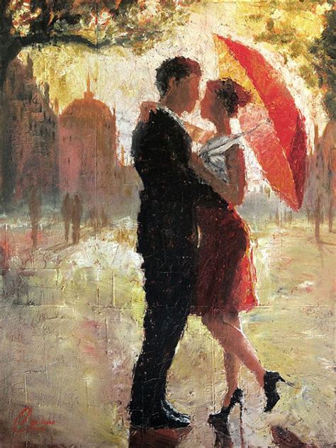 Original Oil Painting Romantic Couple In The City With Red Umbrella