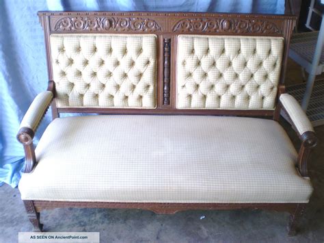 Settee Love Seat Antique Eastlake Carved Walnut Button Tuck Upholstery