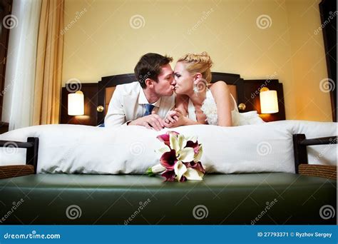 Romantic Kiss Happy Bride And Groom In Bedroom Stock Image Image Of