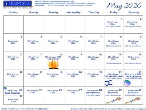 Jewish Holidays 2020 Dates Calendar Template Printable