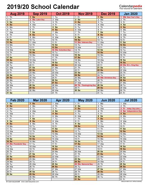 School Calendars 20192020 Free Printable Pdf Templates