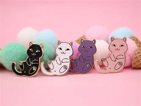 Playful Cat Enamel Pin Cute Funny Cat Lapel Pin Set In Black White Purple And Pink For