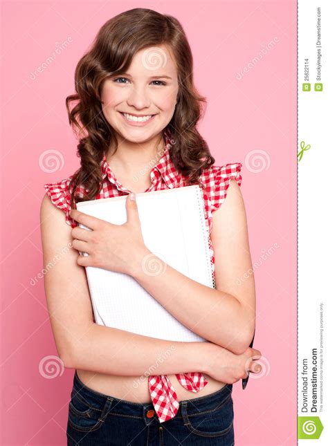 Joyful Teenage Girl Holding Spiral Notebook Stock Photo Image Of