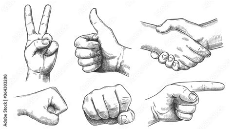 Hand Drawn Gestures Pointer Finger Strong Fist And Punch Handshake