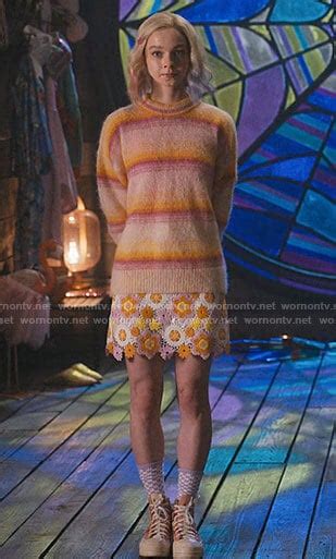 Wornontv Enids Orange And Pink Stripe Sweater And Floral Crochet