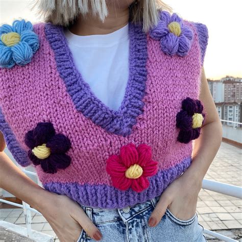 Flower Knitted Sweater For Womendaisy Chunky Sweater Bloom Etsy