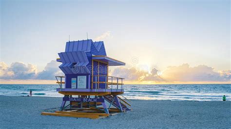 South Beach Miamia Florida Beach Hut Lifeguard Hut During Sunset Stock