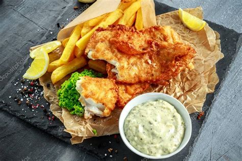 British Traditional Fish And Chips With Mashed Peas Tartar Sauce On