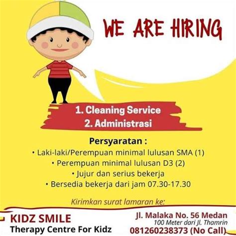 Sumber utama lowongan kerja medan khusus loker di kota medan yang di informasikan oleh poskerjamedan, kali ini poskerjamedan.com akan menginformasikan lowongan kerja medan terbaru cleaning service di roemah lulur spa silahkan di baca, dan selamat mencari kerja. Lowongan Kerja Cleaning Service dan Admin di Kidz Smile ...