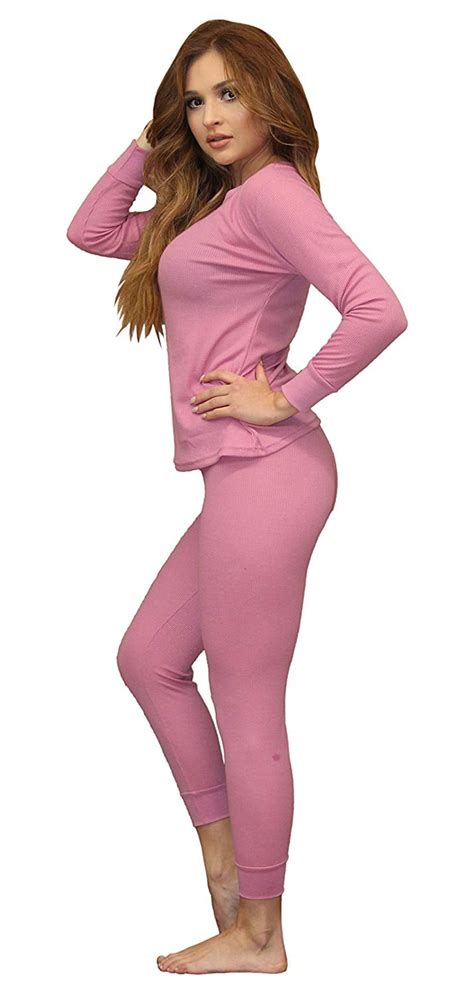 Womens Soft 100 Cotton Waffle Thermal Underwear Long Johns Sets Pink X Large