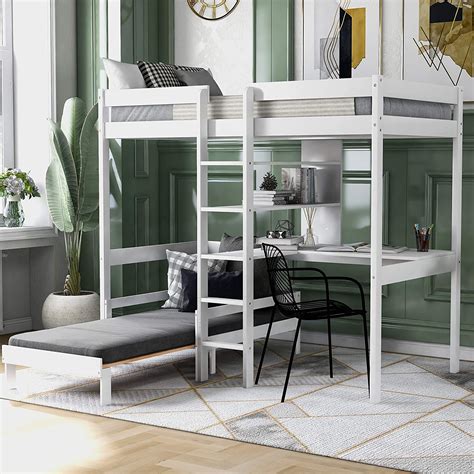 Buy Convertible Loft Bed With L Shape Desk Twin Size Bunk Bed Lower Loft Bed Frame With Shelves