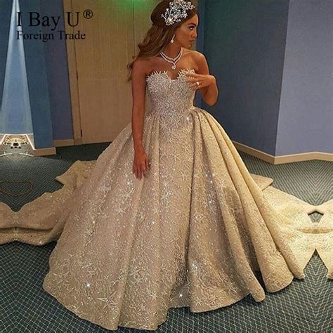 Champagne Luxury Wedding Dress 2017 Off Shoulder Cystal Lace Ruffle