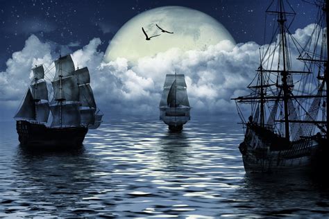 Wallpaper Boat Sailing Ship Birds Fantasy Art Sea