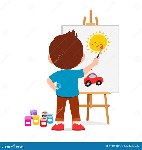Happy Cute Little Kid Boy Draw On Canvas Stock Vector Illustration Of
