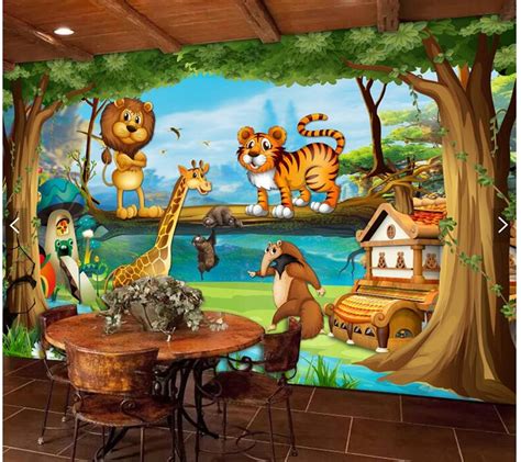 Custom Kids Wallpaper Cartoon Animal Forest Mural For