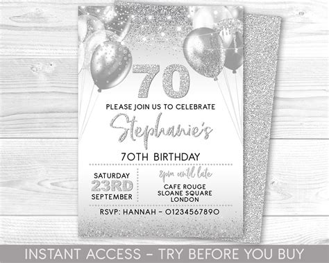 60th Birthday Invitation Editable 60th Invite White Silver Etsy
