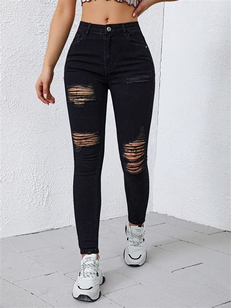 Black Collar Denim Plain Skinny Embellished High Stretch Women Clothing Black Skinnies Black