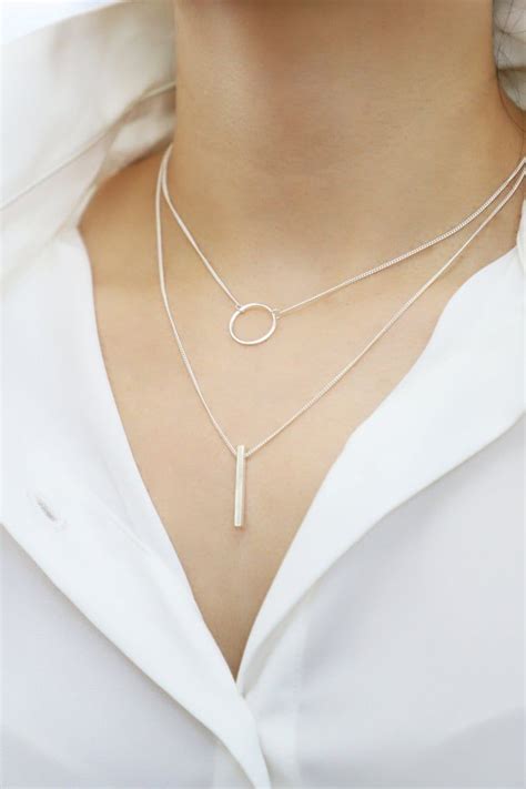 925 Sterling Silver Circle Bar Necklace Layered Necklace Delicate