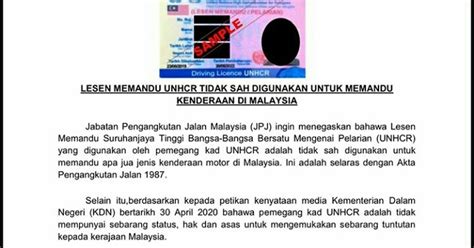 Jenis lesen memandu malaysia ditetapkan berdasarkan tahap kelayakan pemandu serta kegunaan kenderaan. Lesen Memandu UNHCR Tidak Sah Digunakan Untuk Memandu ...