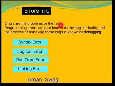 Errors Types Of Errors In C Syntax Error Logical Error Run Time Error Linking Error YouTube