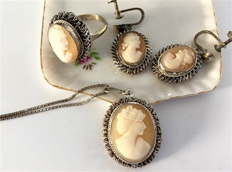 Vintage Cameo Set Necklace Earrings And Ring Mid Century Jewelry Demi