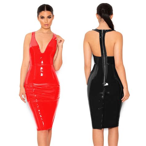 Women Sexy Shiny Red Black Wetlook Pvc Dress Zipper Faux Leather Clubwear Deep V Sheath Dresses