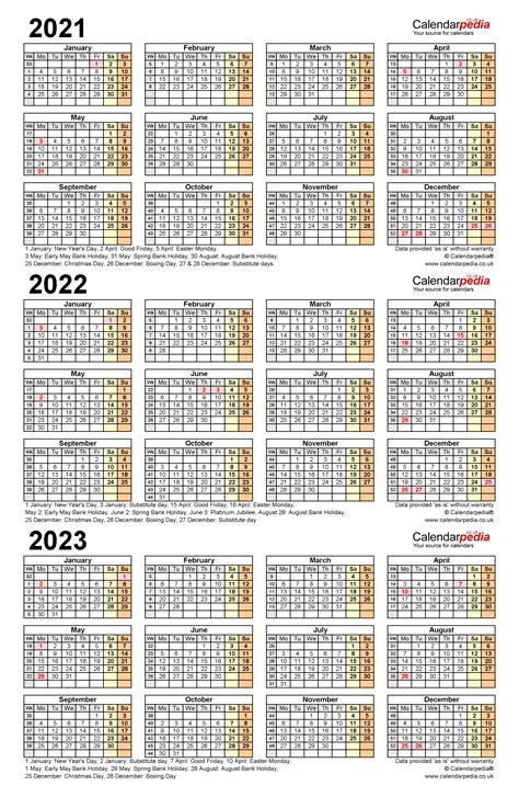 Three Year Calendars For 2021 2022 And 2023 Uk For Excel
