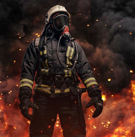 Professional Firefighter Dressed In Special Uniform With Gas Mask Stock