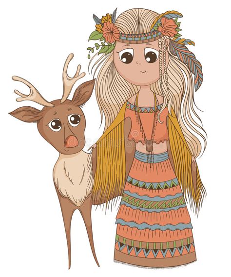 Cute Anime Girl In Ethnic Clothes With Deer Cartoon