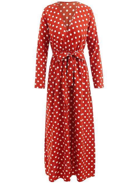 Buy Plunging Neckline Polka Dot Maxi Dress M Chestnut Red At Rosegal