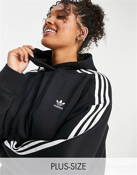 Adidas Originals Plus Adicolor 3 Stripe Cropped Hoodie In Black Asos