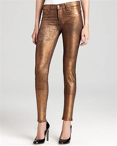 J Brand Coated Metallic Power Stretch Mid Rise Skinny Jeans In Gold