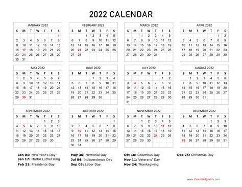 Printable Calendar With Holidays 2022