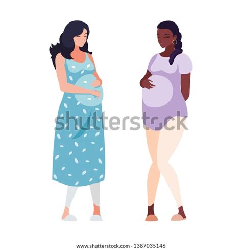 Interracial Couple Pregnancy Women Characters Stock Vector Royalty