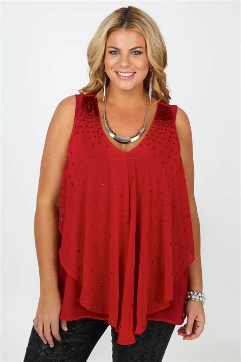 Red Sequin Detail Sleeveless Blouse With Layered Frill Front Plus Size