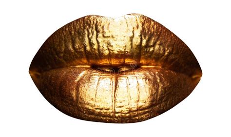 Womans Golden Lips Close Up Isolated Background Gold Mouth Isolated
