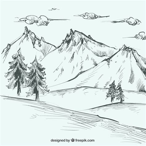 Boceto De Paisaje Con Montañas Y Pinos Vector Premium