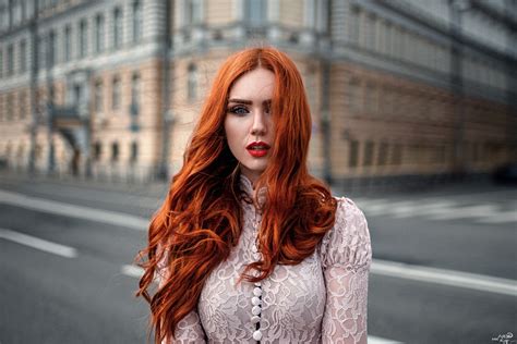 Wallpaper Women Outdoors Redhead Model Street Long Hair Blue